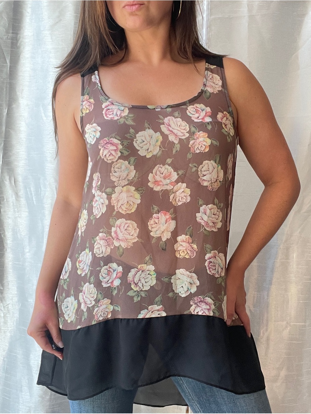 Moa Moa Tank Top Small Brown Floral Chiffon Hi-Low Sheer Boho Fairy Whimsy Y2K